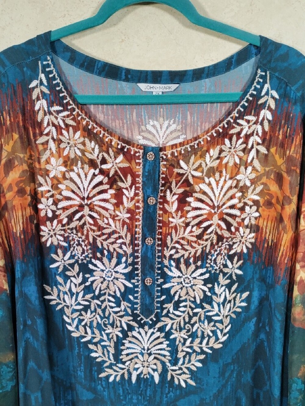 H183 John Mark Teal & Rust Floral Embroidered Tunic - Picture 2 of 11